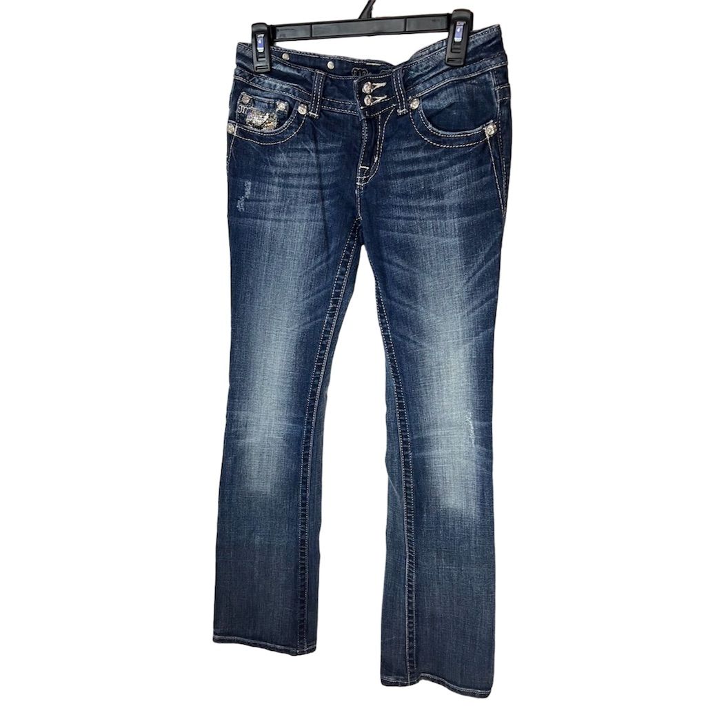 Miss Me Women's Bootcut Jeans Size 28 Blue Rhinestone Studded Flap Pocke
